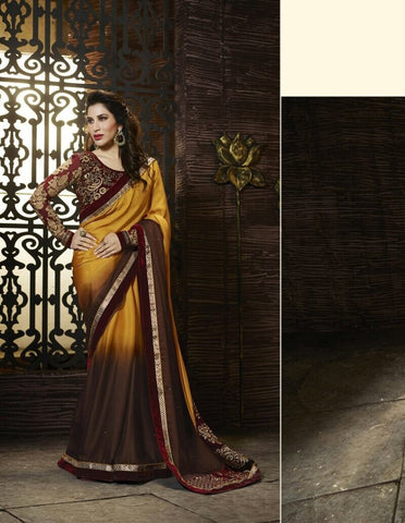 Shreemam Latest Desiner Yellow Brown Georget Saree with Embroidery Design
